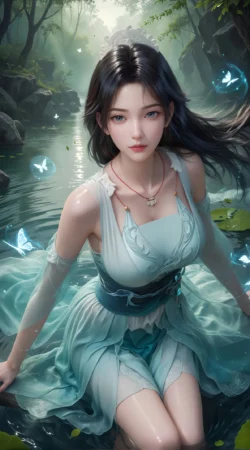 Ethereal Beauty in the Azure Stream. Song Yu, the serene water spirit from A Mortal's Journey to Immortality, rests gracefully in a crystal-clear river. Surrounded by luminous butterflies and the ancient forest mist, she embodies the tranquil power of a cultivator's journey. Digital painting of Song Yu from A Mortal's Journey to Immortality, a beautiful woman with dark hair and a light blue dress, sitting in a clear river with magical glowing butterflies.