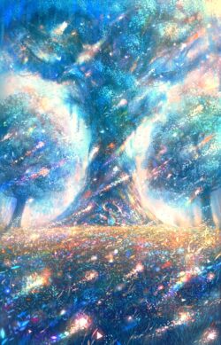 Glow forest magical tree vibrant flower field bright blue and gold light sparkling fantasy forest tiny girl under tree enchanted woods scene colorful digital art tree of life concept sunbeams through leaves myth