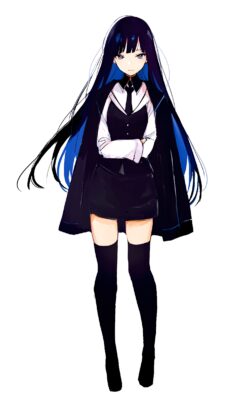 cool anime girl long black hair suit school uniform serious expression white background clean art character design simple aesthetic modern manga style standing pose