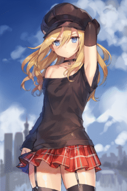anime girl blonde hair blue eyes black beret off shoulder top plaid skirt thigh highs garter belt cityscape background cloudy sky low angle cool attitude fashionable