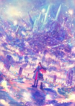 fantasy crystal castle glowing magic girl cat vibrant colorful ethereal city digital art mystical dreamy shining princess