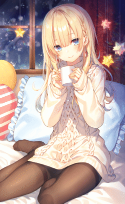 girl blonde blue_eyes sweater mug indoor winter night stars warm soft_lighting bed tights cozy cute