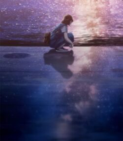 starry reflection galaxy water night sky meditation peaceful dreamy blue aesthetic loneliness girl silhouette nebula cosmic fantasy milky way
