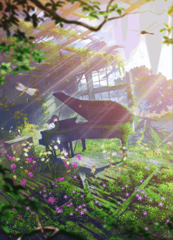 piano girl abandoned building nature overgrown sunlight anime digitalart fantasy flowers moss magical dreamy dragonfly