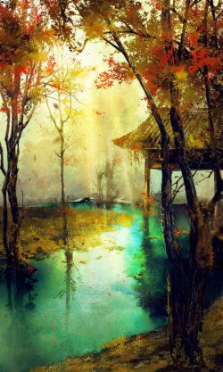 autumn fall leaves forest river lake nature scenery sunlight golden trees digital art wallpaper peaceful serene illustration