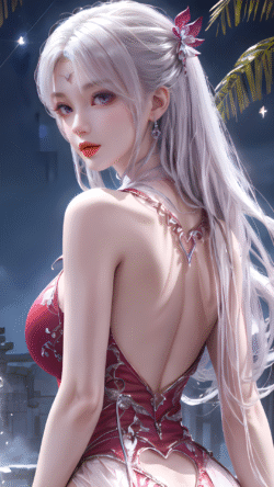 girl red dress whitehair backless fantasy digitalart beautiful elegant magic glowing ethereal asian charming