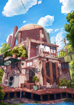 aesthetic house river waterfront blue sky plants architecture detailed scenery summer day peaceful neighborhood urban nature cluttered art vibrant