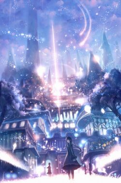 magical glowing city stars shooting star fantasy architecture blue purple night light vibrant illustration dreamlike solitude winter