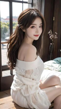 portrait asianwoman white sweater offshoulder beauty fashion indoor sensual windowlight model curls longhair softfocus