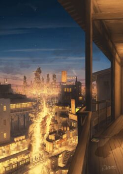 cityscape night lights urban twilight balcony sunset warm glow cozy evening architecture tokyo style nostalgic buildings stars