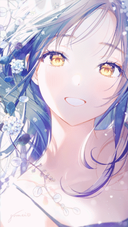 girl close_up smile yellow_eyes blue_hair flowers bright ethereal dreamy soft sunlight happy face white_background gentle