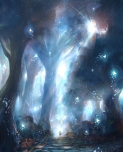 forest magical glowing trees fantasy ethereal dreamy light spirit nature mystical enchanted blue light concept art fairytale spiritual