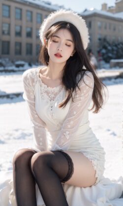 asianwoman winter snow whitedress lace blackstockings beauty fashion outdoor elegant portrait koreanstyle model innocent