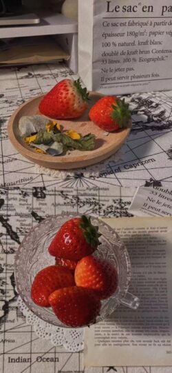 strawberries fresh fruit berry dessert table setting vintage paper map food photography healthy snack sweet red bowl organic gourmet