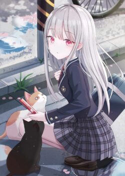 schoolgirl uniform silver hair cat street puddle reflection slice of life kawaii cute stray cat urban rainy day serene manga art
