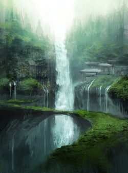 waterfall forest misty nature greenery mountains scenic peaceful river reflection wilderness landscape painting environment serene fresh