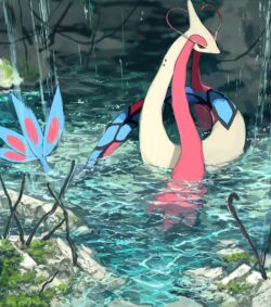 pokemon milotic rain waterfall cave blue pink white fantasy creature nature glowing water illustration adventure vibrant scenic