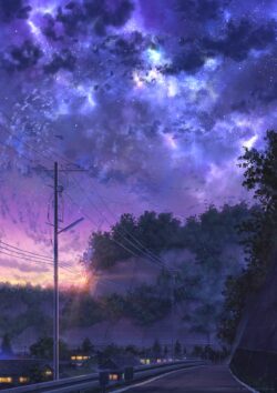 starry night galaxy milky way purple sky rural road power lines sunset dusk twilight scenic peaceful universe countryside astronomy