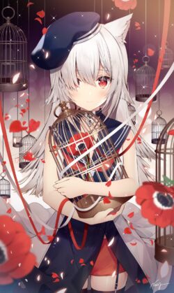 white hair red eyes cat ears beret birdcage red flowers surreal composition dreamy atmosphere mysterious sailor uniform artistic fantasy