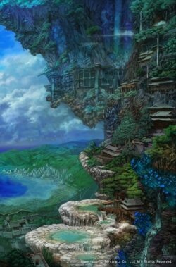 fantasy mountain island floating temple waterfall ocean view ancient architecture nature scenery majestic blue sky digital art wallpaper adventure
