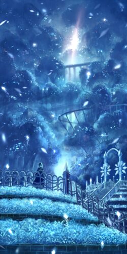 night forest magical light blue garden stairs glowing particles mystic shrine ethereal dark fantasy rain peaceful fairytale