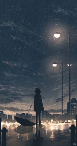 Girl with umbrella in rain dark night city street wet reflection sidewalk street lights glow lonely urban scene starry sky and rain dramatic low light rainy night aesthetic city skyline silhouette melancholy atm