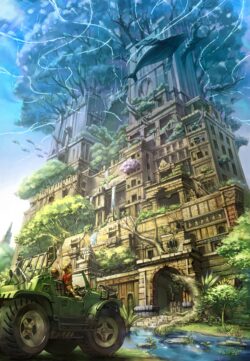 fantasy world ancient ruins overgrown nature floating whales sky palace adventure concept art mythical lost civilization surrealism epic scenery magical forest