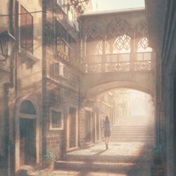 sunlit alleyway stairs european architecture stone bridge archway girl walking old town street warm glow vintage minimalist