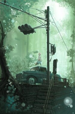 overgrown city post apocalyptic fox girl old car traffic light jungle green forest urban decay nature reclaiming fantasy illustration ruins