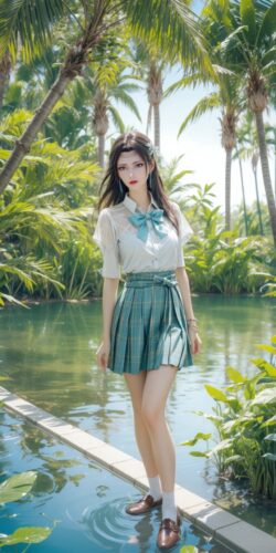 girl garden palmtree skirt uniform pond digitalart summer cute nature green tropical youth fashion