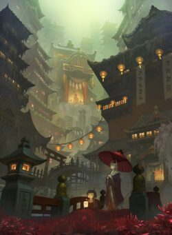 japanese temple traditional fantasy lanterns foggy shrine kimono kitsune fox digitalart mystical historic ruins