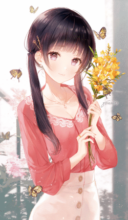anime girl holding flowers yellow flowers butterflies pink blouse long hair twintails gentle smile soft colors nature spring shining dreamy elegant