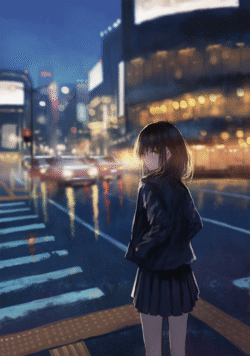 girl rain night city street lights digitalart urban schooluniform nostalgia glow wet road alone mystery