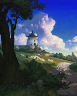 A shepherdess tends to her flock of sheep on a sunlit grassy hill, with a white tower standing under a vast blue sky with fluffy clouds. A digital painting of a shepherdess and sheep on a green hill with a white tower, under a bright blue sky with large clouds.